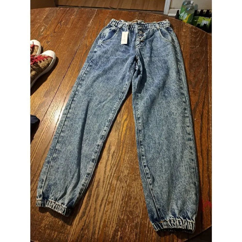 New BluIvy Size Small Paperbag Waist Denim Blue Jeans Elastic Jogger Ankle